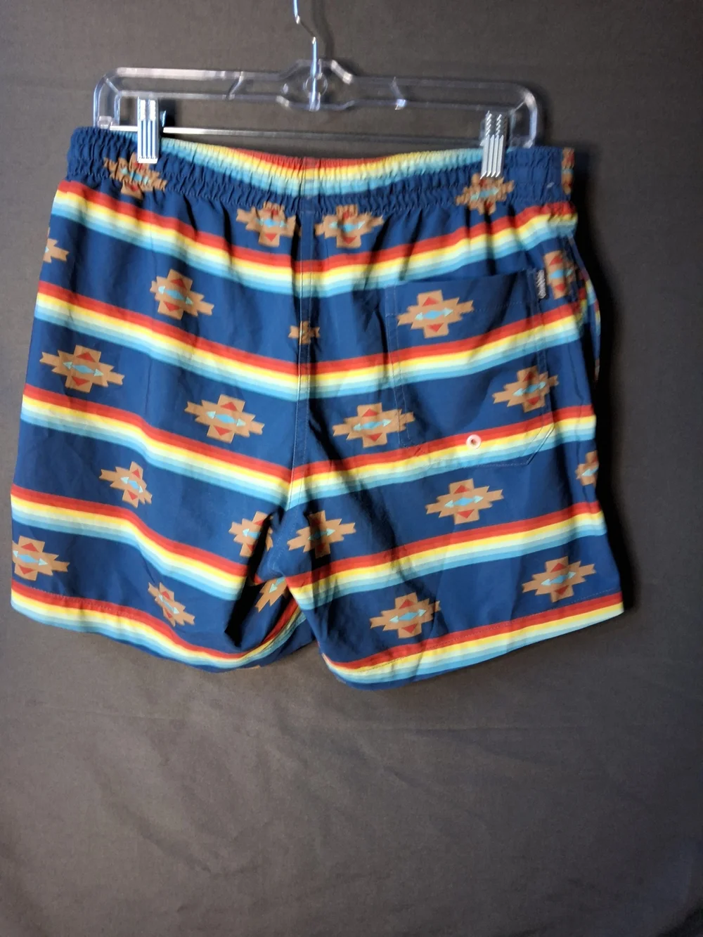 chubbies Navy Swim Trunks with Rainbow Stripes and Aztec Motif